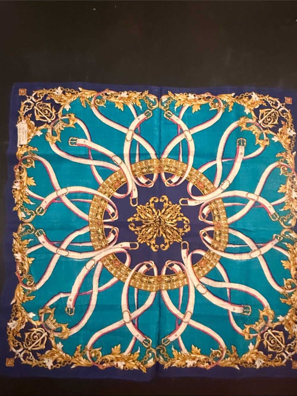 Gucci Teal and Navy Baroque Chain-Print Silk Scarf